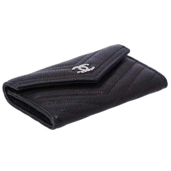CHANEL Chevron V Stitch Card Case Wallet Black Calfskin Leather - Picture 3 of 5